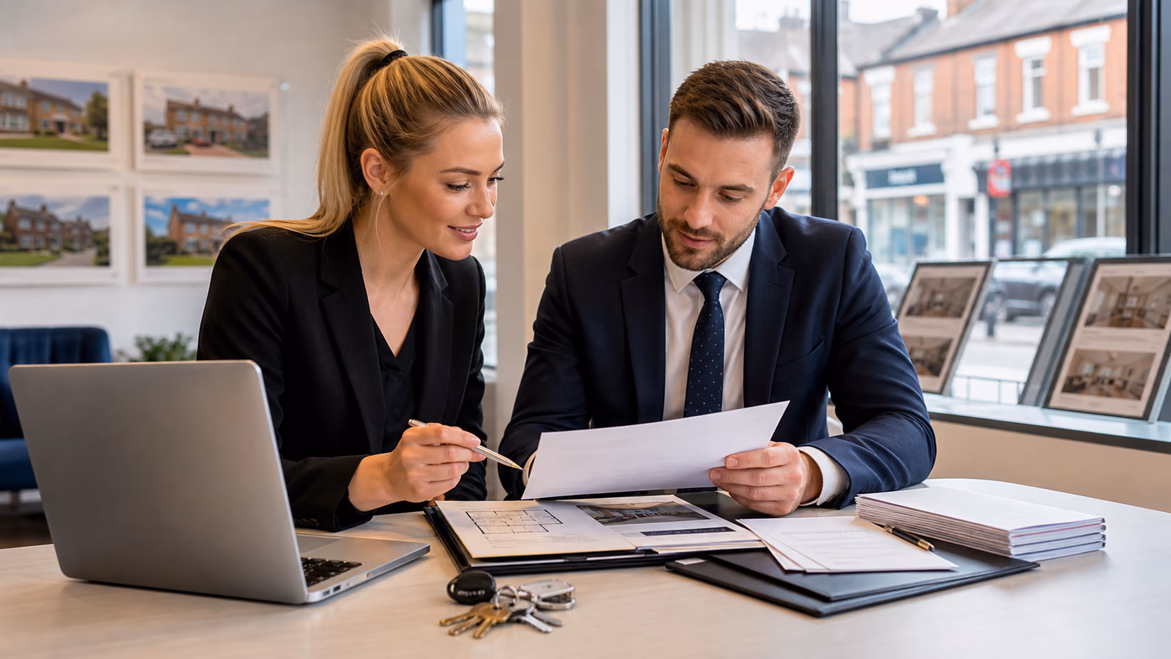 A letting agent and sales negotiator comparing property certificates, viewing feedback, keys, and owner instructions on a laptop in a UK branch office