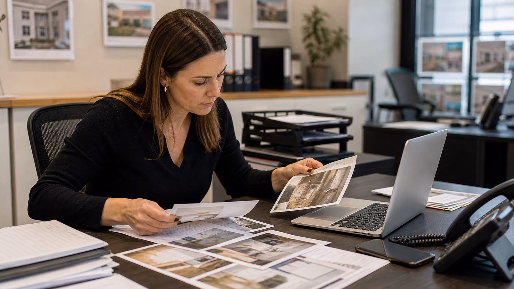 A property manager comparing repair photos and contractor notes while preparing an update for a landlord in a modern lettings office