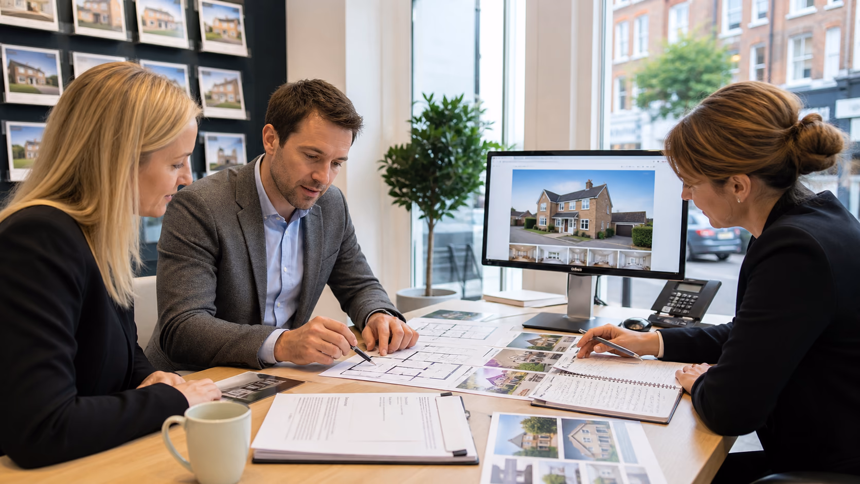 A UK estate agency team reviewing property photos, floorplans, signed paperwork, and listing notes before publishing a home online, bright branch office setting