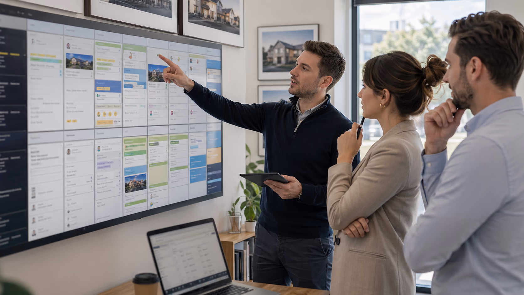 A brokerage team reviewing a wall schedule of property viewings, open-house attendance, buyer feedback, and follow-up tasks after a busy weekend