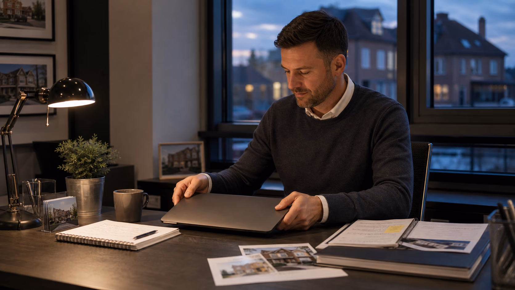 An estate agent closing a laptop on Friday evening after reviewing completed tasks, client follow-ups, and next week priorities in a quiet modern office