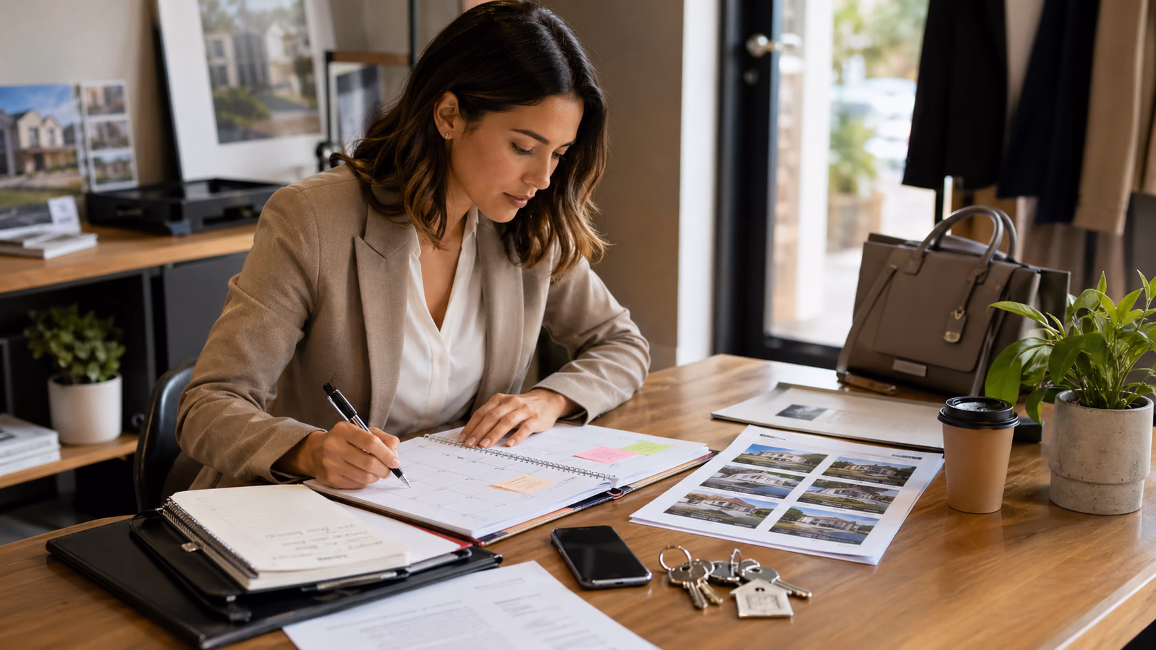 A real estate agent checking a calendar beside property keys, client notes, and a printed viewing list before leaving for appointments