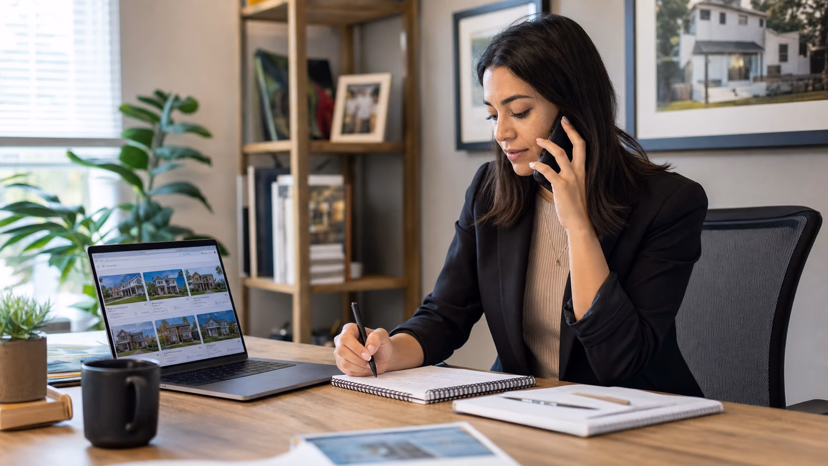 A new real estate agent sitting at a desk after a buyer phone call, writing notes beside a laptop with property search results open