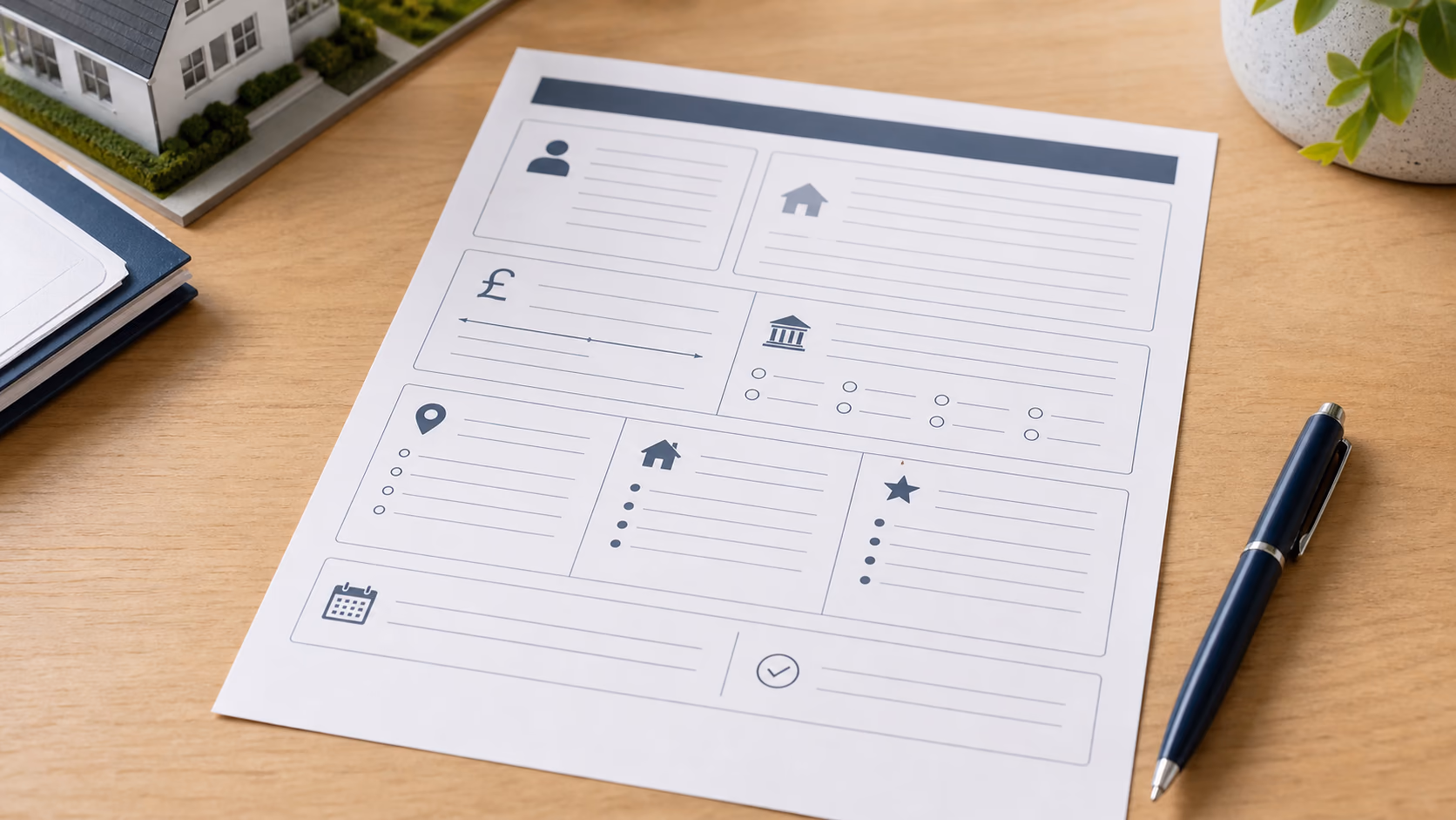 A close-up of a tidy buyer intake sheet showing budget range, finance state, preferred areas, and a dated next action