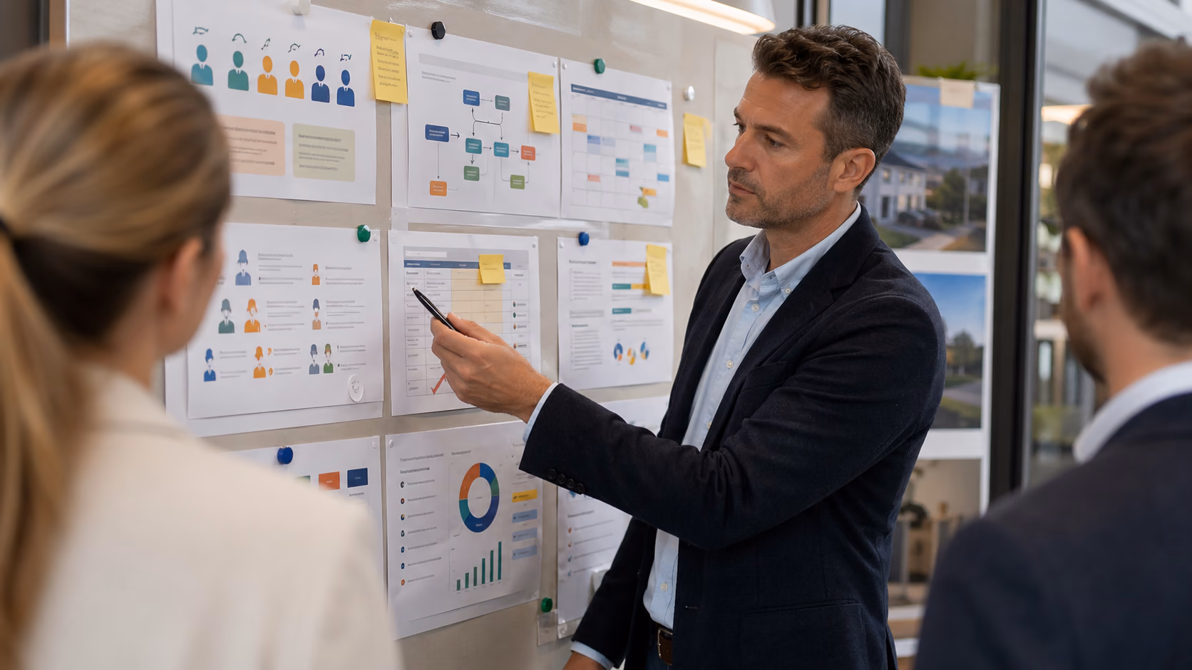 A brokerage manager comparing overdue follow-ups, buyer requirements, and agent ownership on a printed workflow board