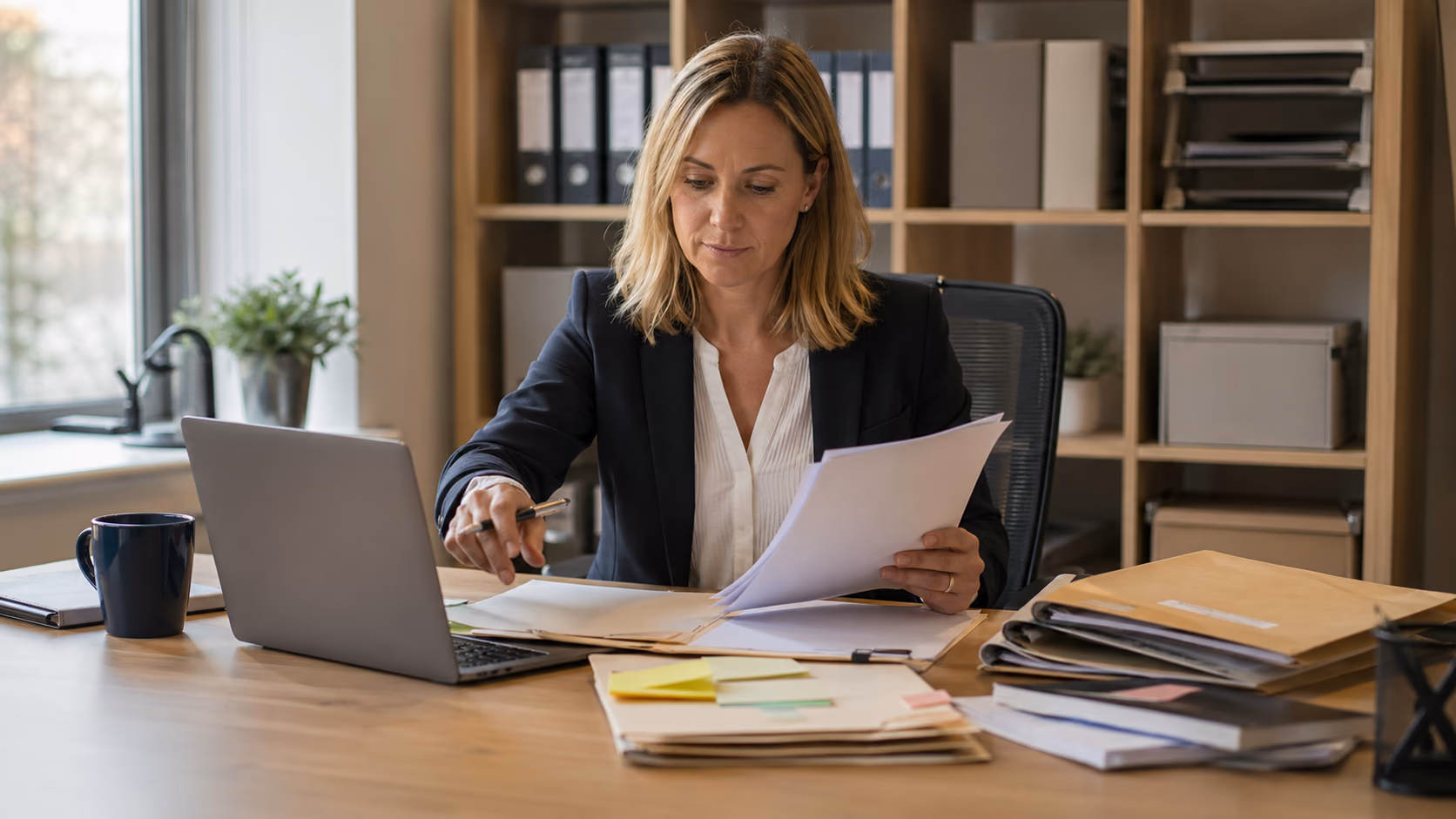 A property manager organising client records, access notes, and data retention reminders across a laptop and paper files