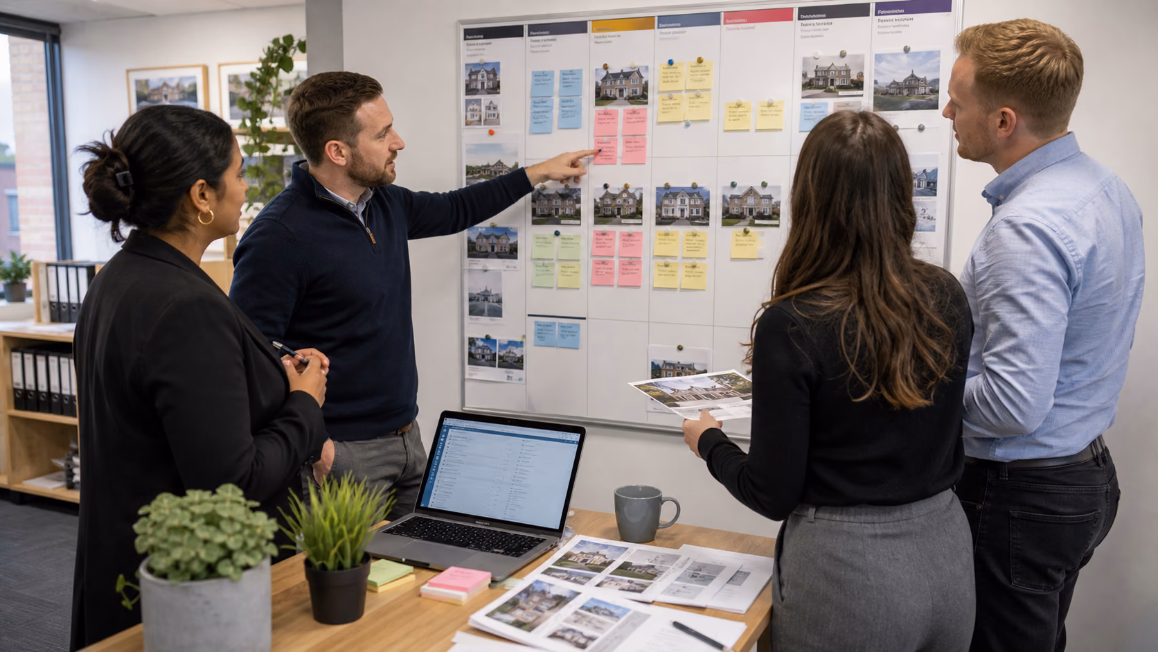 A lettings team standing around a wall planner and laptop, grouping managed properties by overdue reviews, rent decisions, repair follow-ups, and missing documents